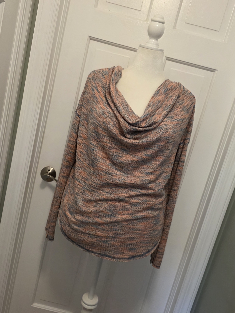 Free People Shirt Women's L Cowl Neck Waffle Knit Thermal Button Detail Boho